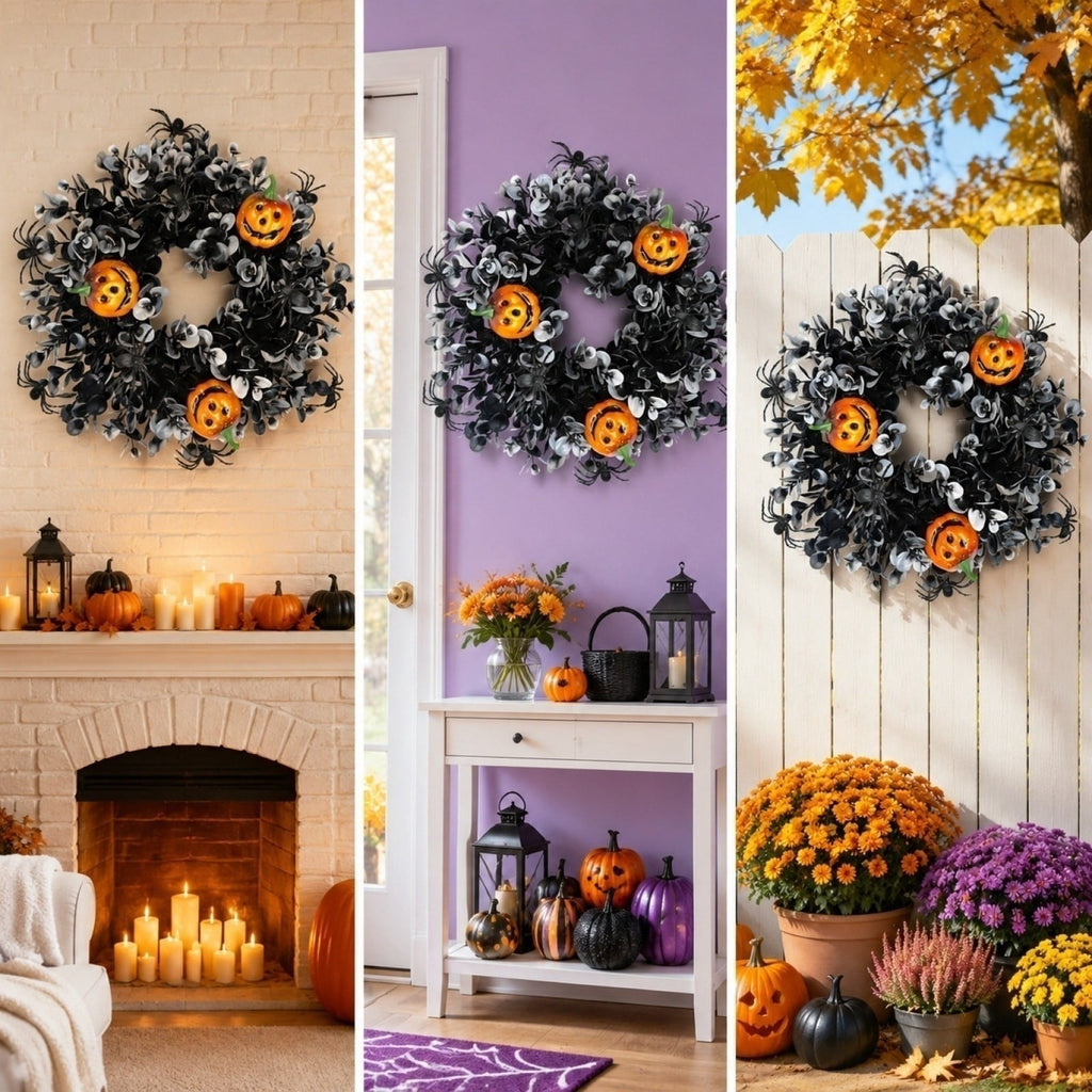 12 Inch Black Eucalyptus Halloween Wreath, Artificial Floral Door Wreath with Pumpkin Cutouts for Front Porch Indoor Door Halloween Party Gothic Home Decor