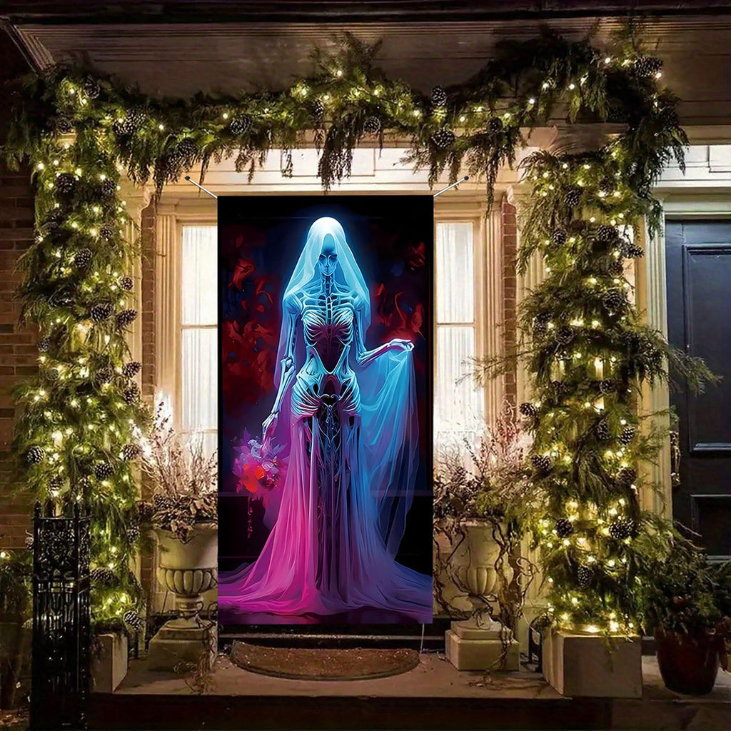 Taicans Spooky Skeleton Bride Halloween Door Cover Decor,Scary Halloween Front Door Banner Covering Decorations,Horror maze Decor,Halloween Decorations for Front Door,Haunted Mansion Decor,71x35in