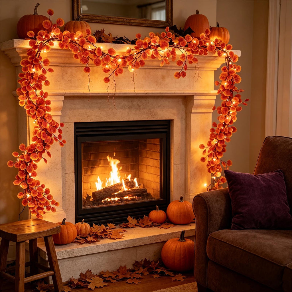 Chmadoxn 78.74" Halloween Thanksgiving Maple Leaf Garland with Mini Pumpkins & Berries, Artificial Fall Leaves Vine for Mantel Staircase Porch, Autumn Harvest Hanging Home Decor