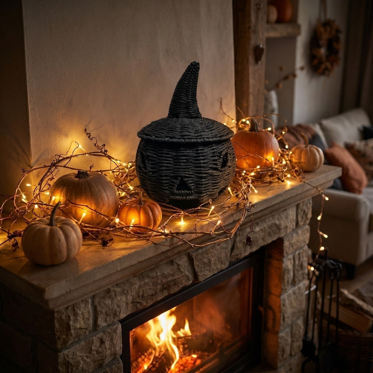 THOPBPRK 2026 Black Halloween Woven Pumpkin Jack-O'-Lantern, Halloween Decorations Pumpkin, USE LED Candle, Rattan Fall Halloween Decor for Home, 1Pack 11.8 Inch A