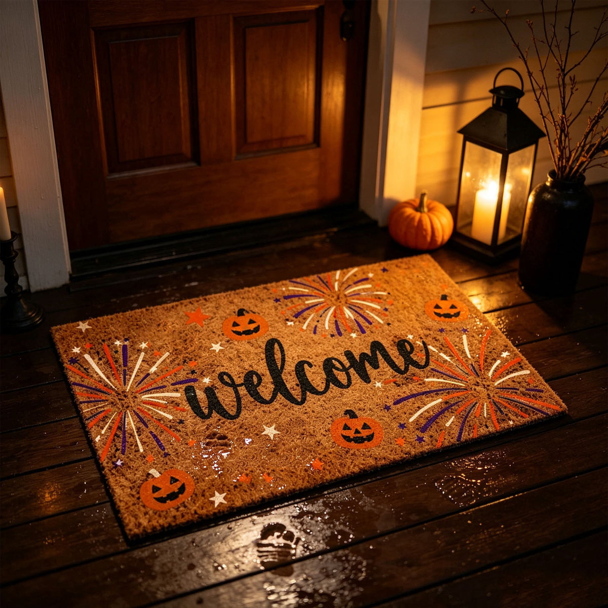 Fllostpr Halloween Pumpkin & Crow Welcome Doormat for Front Door, Non-Slip Vintage Brown Coir Floor Mat for Outdoor Porch Entryway Decor,16x24 Inch