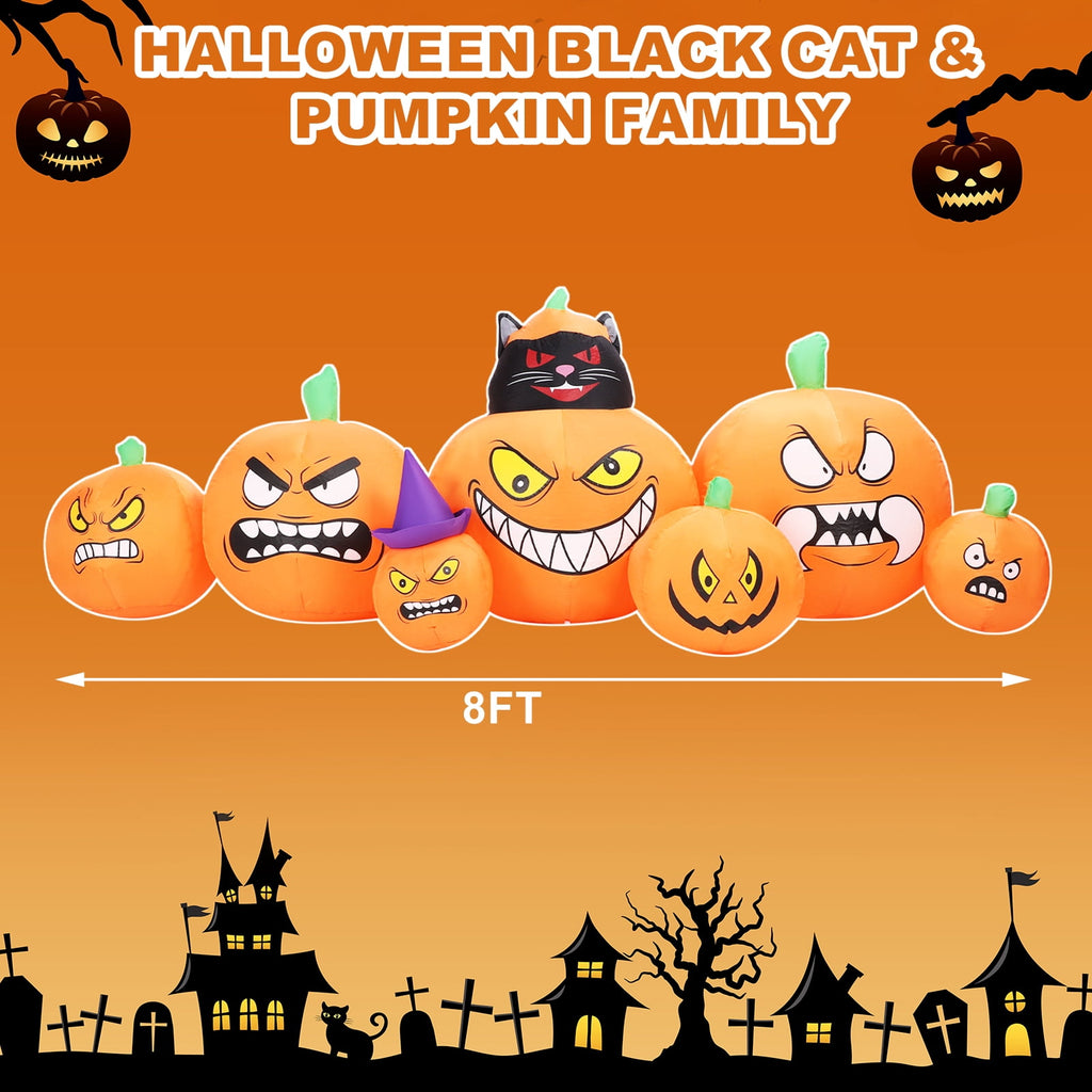 Halloween Inflatables Outdoor, 8FT Long Cute & Lighted Blow Up Decoration Pumpkin Family with Witch Hat, Large Halloween Inflatables Decorations with Lights for Yard, Holiday, Home