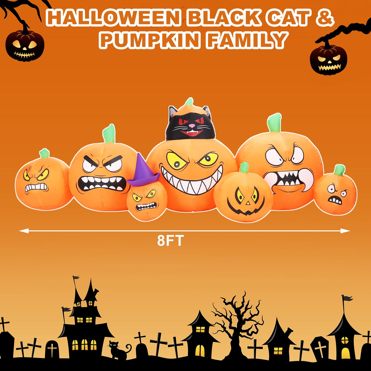 Halloween Inflatables Outdoor, 8FT Long Cute & Lighted Blow Up Decoration Pumpkin Family with Witch Hat, Large Halloween Inflatables Decorations with Lights for Yard, Holiday, Home