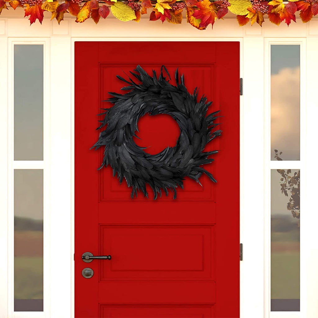 Milue 15.7in Natural Feathers Wreath Front Door Black Feather Wreath Spooky Scene Party Favors for Porch Halloween Decoration