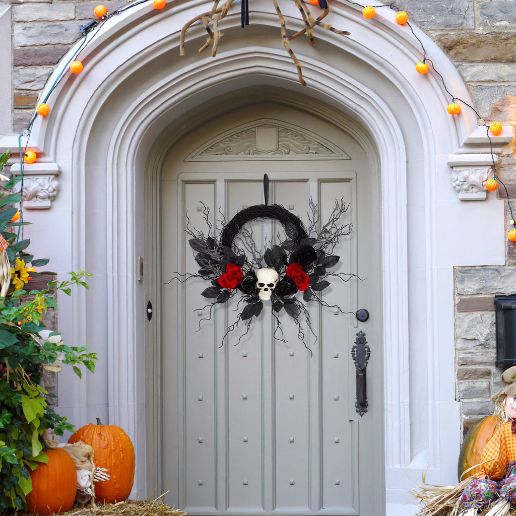 Adeeing Halloween Wreath 20 Inch Artificial Halloween Skull Wreath Decoration with Roses, Branches for Front Door Home Door Wall