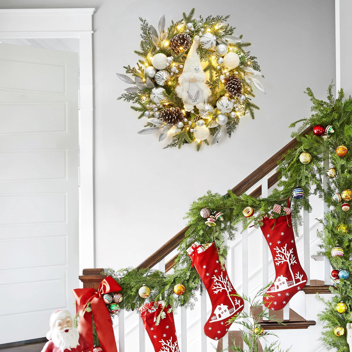JoanKaren 24 inch Large Christmas Wreath Silver White with 20 LED Lights,Prelit Xmas Wreath w/ Ball Ornaments Pine Cone
