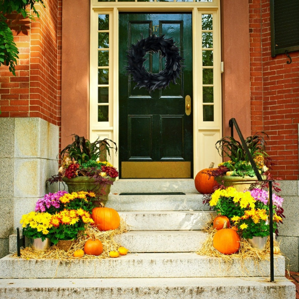 16" Black Feather Wreath Halloween Wreath Handmade Black Wreath for Front Door Porch Mantel Fireplace Window Wall Indoor Outdoor Halloween Christmas Winter Birthday Decoration