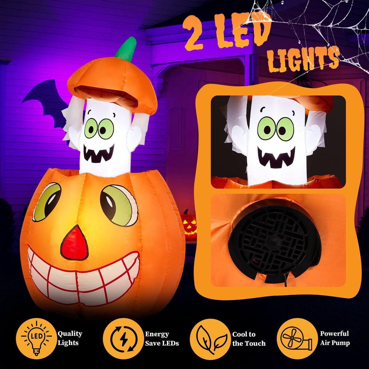 UBesGoo 2.8' Halloween Inflatables Animated Pumpkin Ghost, Outdoor Decorations Blow Up Yard Decor Built-in LEDs for Indoor Party Garden Lawn Decor