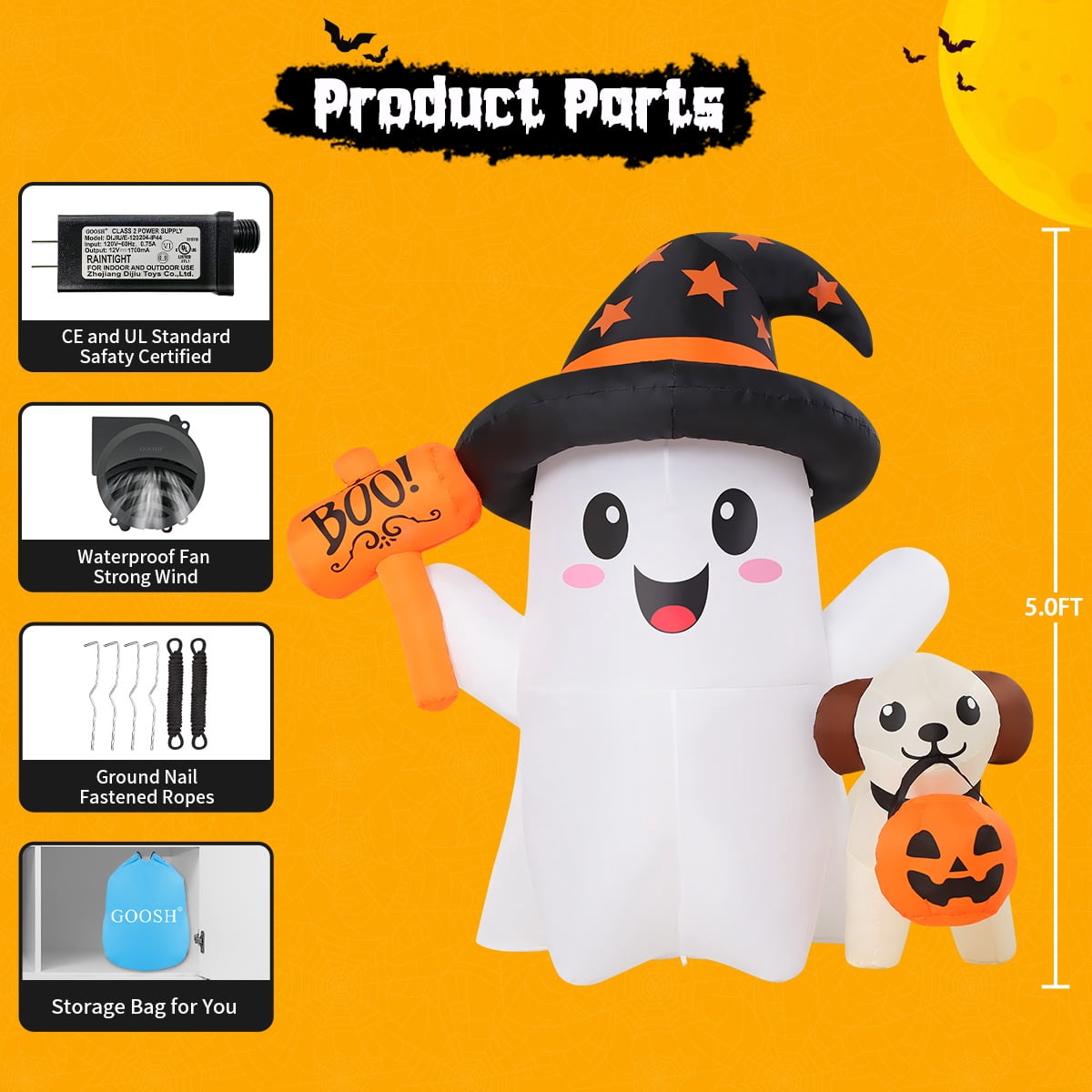 GOOSH Halloween Inflatables 5 FT Inflatable Ghost and Puppy with Built-in Led Lights, Cute Ghost Inflatable Wearing Witch Hat, Outdoor Halloween Decorations Blow up Ghost for Halloween Holiday Party