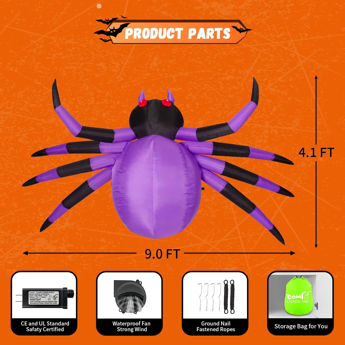 COMIN Halloween Inflatables 9 FT Width Spider Blow Up Yard Decoration with Built-in LED for Yard Garden Party Lawn