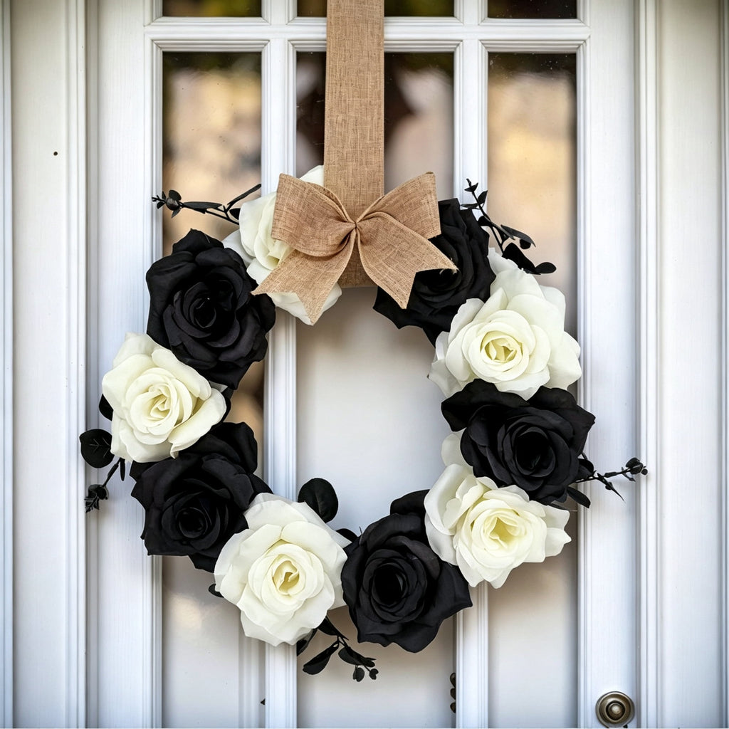 Halloween Rose Wreath, 11.81 Inch Black & White Artificial Flower Wreath with Burlap Bow, Gothic Front Door Wall Hanging Decor for Fall Autumn Home, (1PC)