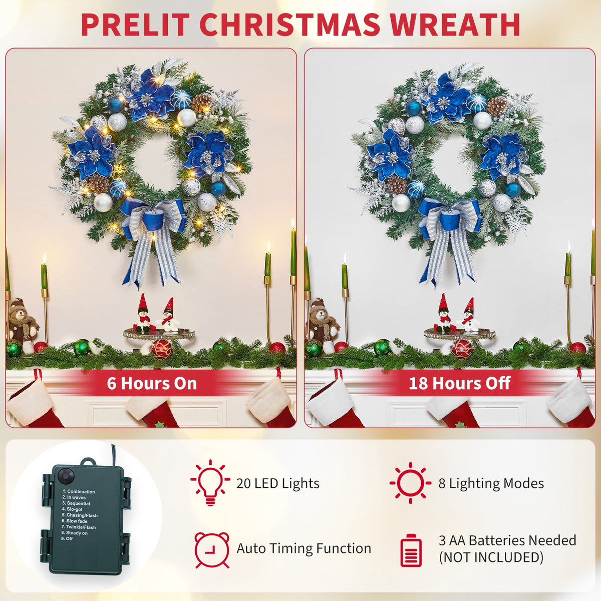JoanKaren 24 inch Large Christmas Wreath Silver White with 20 LED Lights,Prelit Xmas Wreath w/ Ball Ornaments Pine Cone