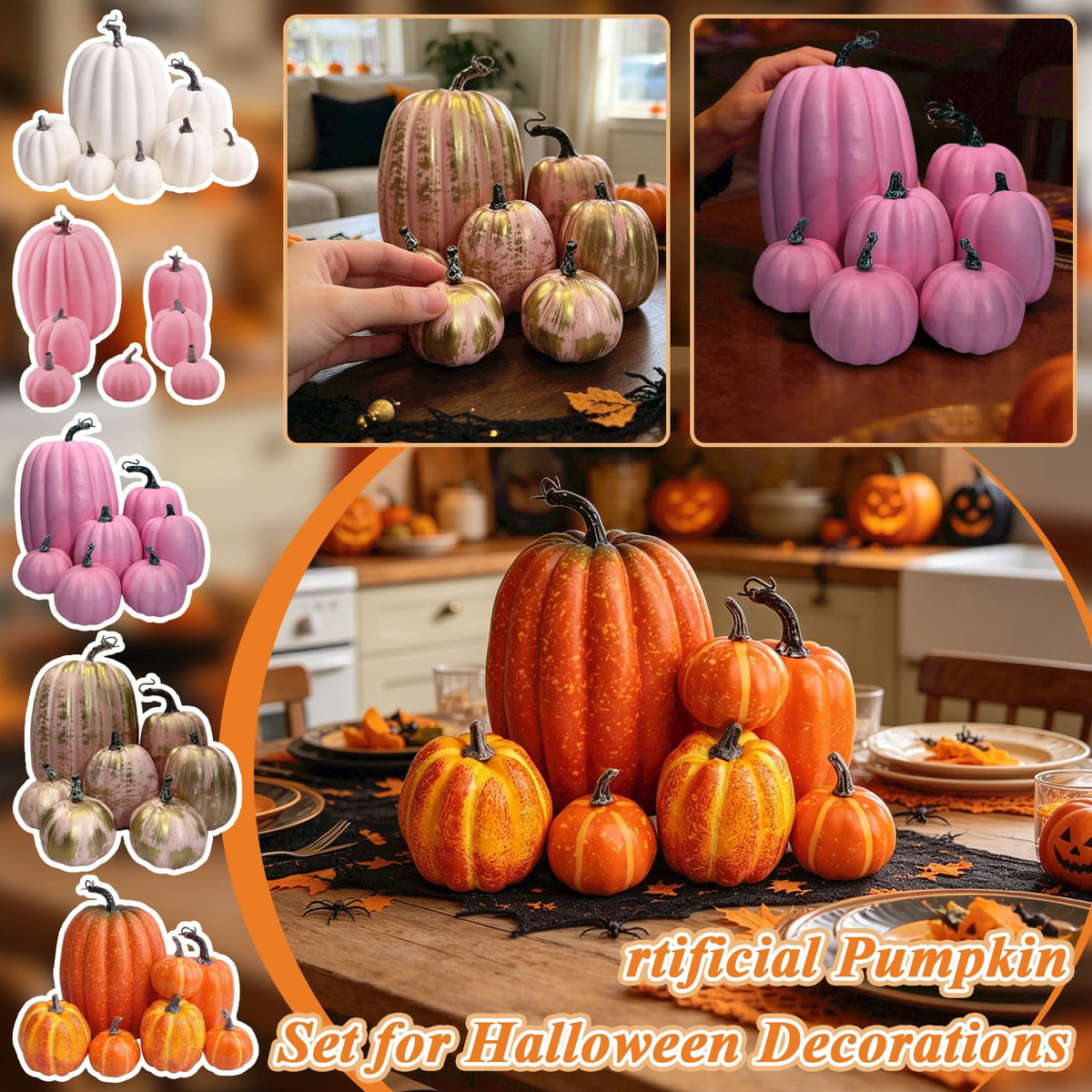7 Pc Artificial Pumpkin Set Fall Halloween Decor, Rustic Harvest Thanksgiving Table Centerpiece for Home Farmhouse Kitchen Display