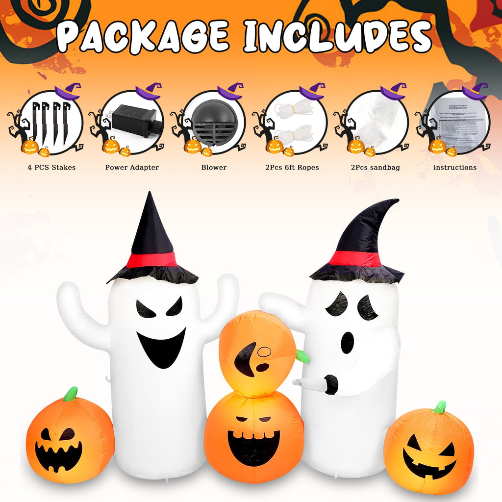 Halloween Inflatables Outdoor, 8FT Long Cute & Lighted Blow Up Decoration Pumpkin Family with Witch Hat, Large Halloween Inflatables Decorations with Lights for Yard, Holiday, Home