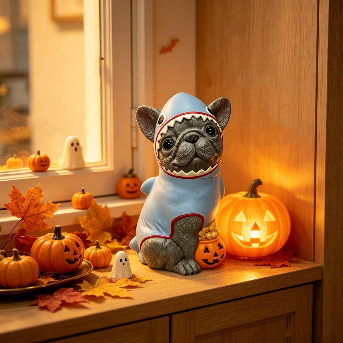 2026 New Halloween Light‑Up French Bulldog Figurine, Shark Outfit Dog Statue with Glowing Pumpkin, Waterproof Resin Table Holiday Decorations, Cute Spooky Halloween Decorations for Porch Yard Home