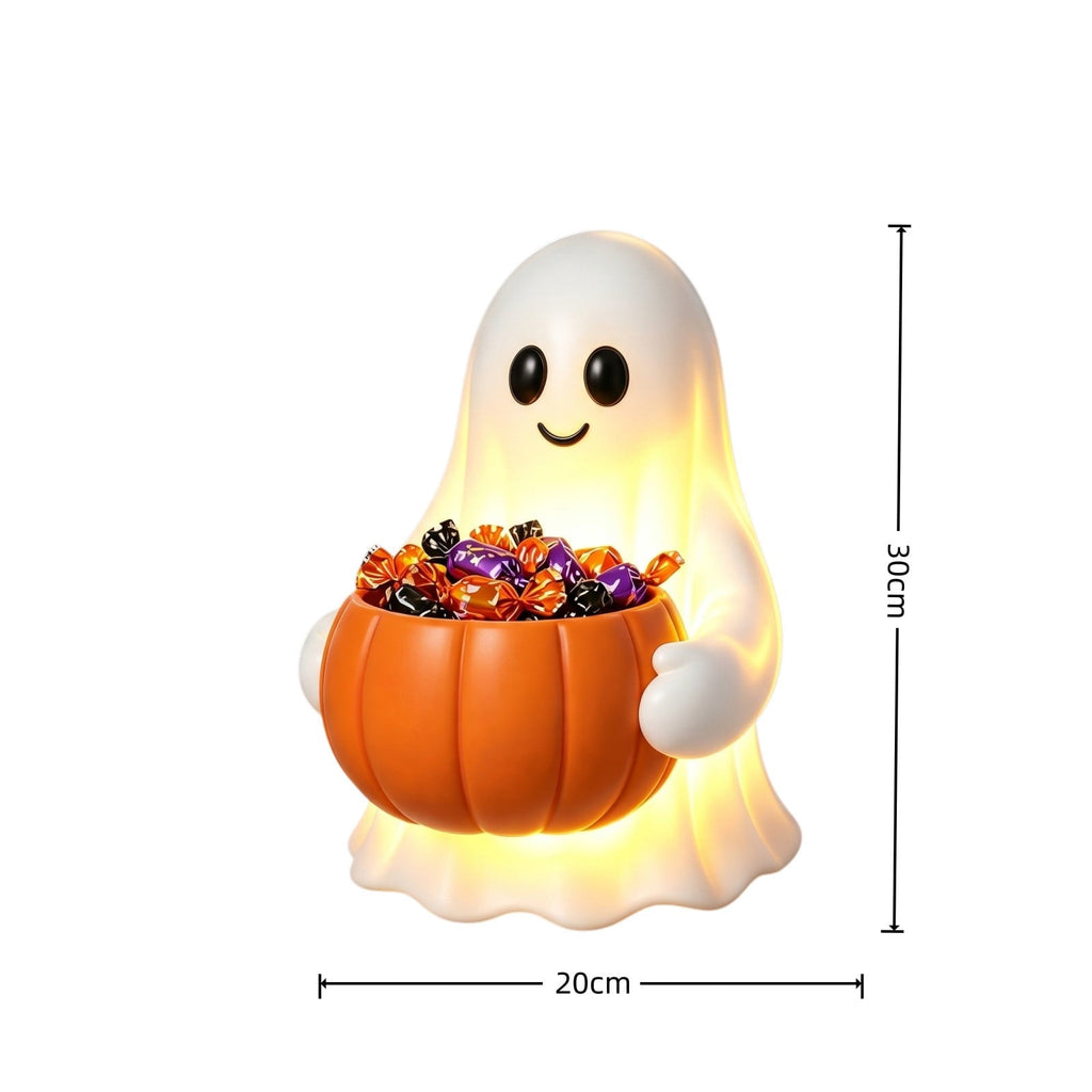 Halloween Decoration Ghost Figurine 11in Resin Ghost Statues with Pumpkin Candy Bowl for Outdoor Indoor Front Door, Porch Yard Lawn Party Decor