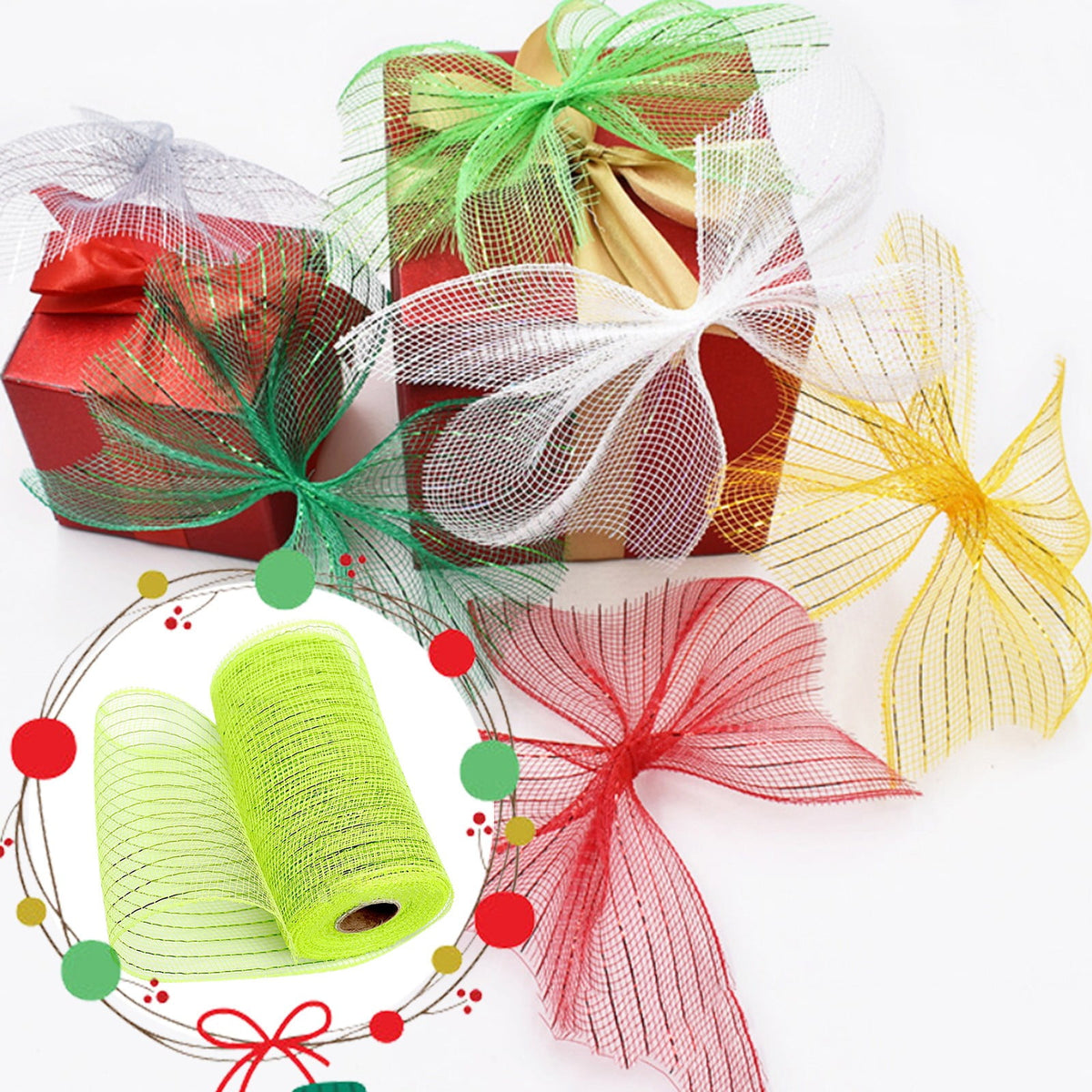 15cm x 10 Yard Poly Decorating Mesh Ribbon with Metallic Foil Each Roll for Wreaths, Swags Bows Wrapping and Decorating Projects-1 Roll