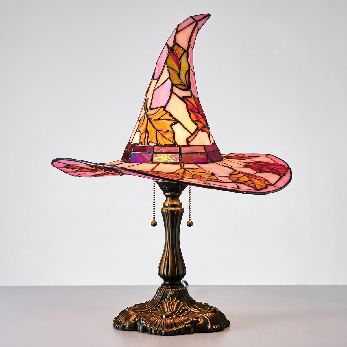 Stained Glass Witch hat lamp, 7" Halloween Gothic Mystic Room Decor Handcrafted Ceramic Phantom Figurine, USB Rechargeable LED Glowing Lantern for Bedroom Living Room Mantel Home Decor