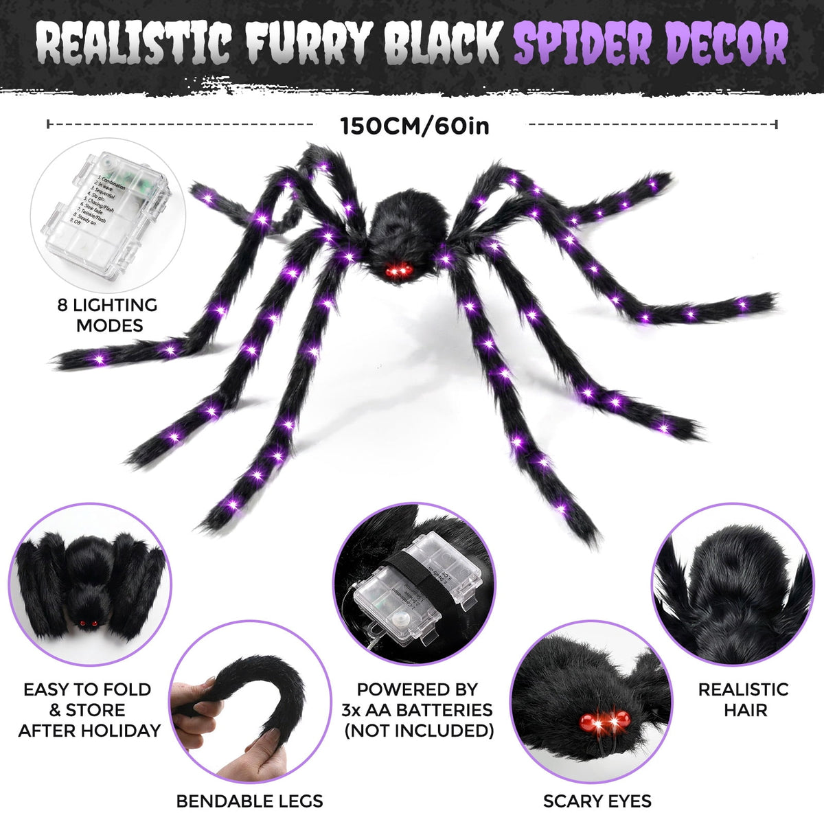 Ayieyill 5ft Giant Light-up Halloween Spider, Scary Hairy Fabric Spider for Indoor Outdoor Yard Haunted House Decor, Purple