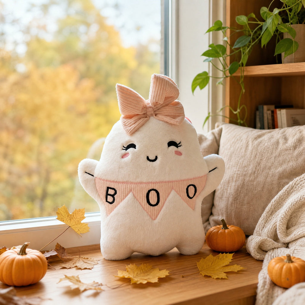 Cute Reading Ghost Plush Throw Pillow, Halloween Book & Pumpkin Bucket Ghost Stuffed Cushion, Spooky Season Decorative Pillow, for Sofa, Bedroom, Party Decor