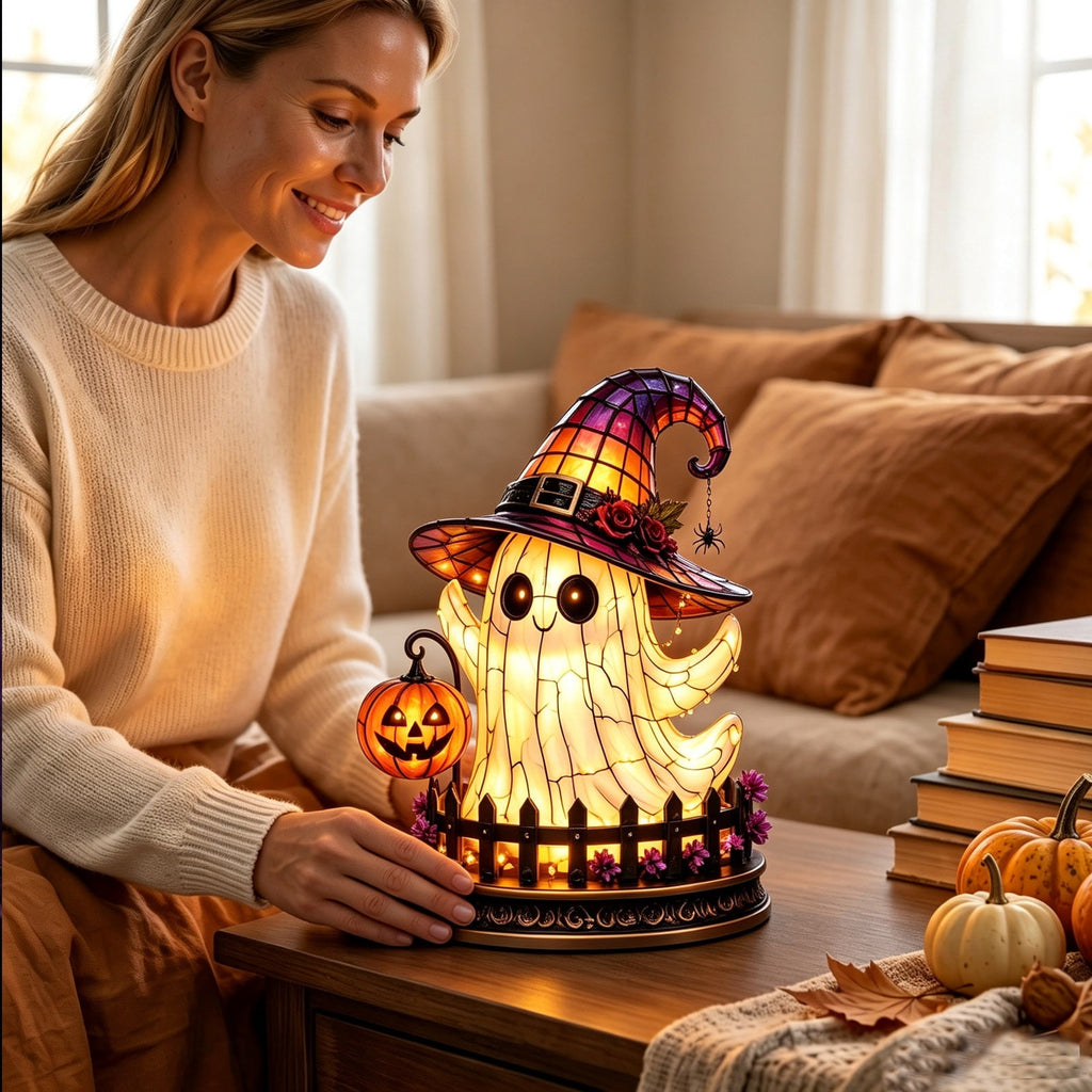 Halloween Lighted Witch Cauldron Decor Lamp, Stained Glass Witch Hat Magic Pot Night Light with Pumpkin & Potion Bottle Details, Spooky Vintage Tabletop Ornament for Mantel Living Room Party