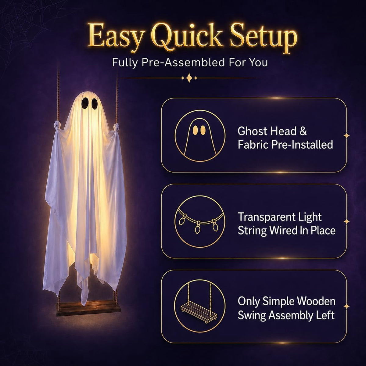 Halloween Decorations Outdoor - 5 FT Large Hanging Swing Ghost Halloween Decor with String Lights, Spooky Cute Ghosts Decorations for Front Porch Yard Tree