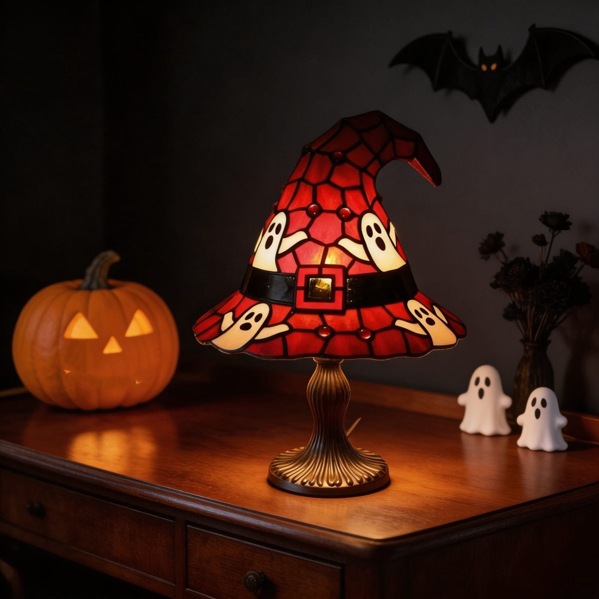 BZPIZ Witch Hat Lamp Handcrafted Retro Resin Stained Witch Hat Desk Lamp Halloween Home Decor Gothic Wizard Hats Night Light for Bedroom & Bookshelf