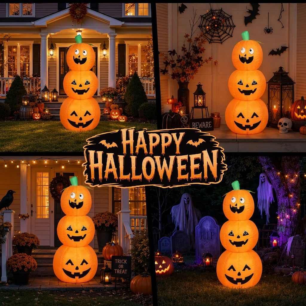Halloween Inflatables Outdoor, 8FT Long Cute & Lighted Blow Up Decoration Pumpkin Family with Witch Hat, Large Halloween Inflatables Decorations with Lights for Yard, Holiday, Home