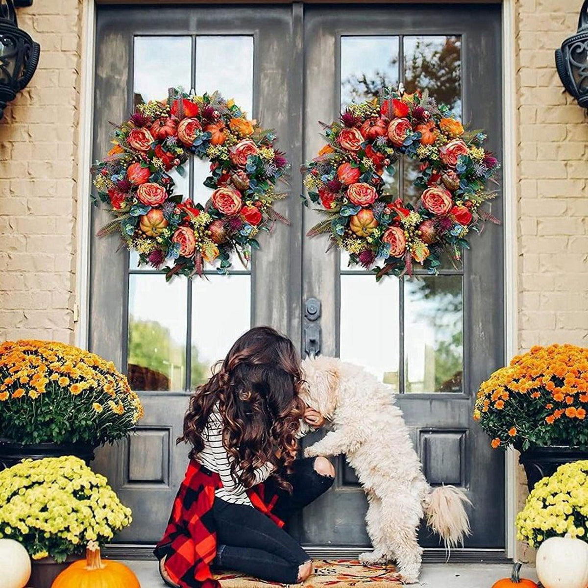 17.7-Inch Autumn Wreath Fall Wreaths for Front Door Outside,with Pumpkin Berries Suitable for Halloween Thanksgiving