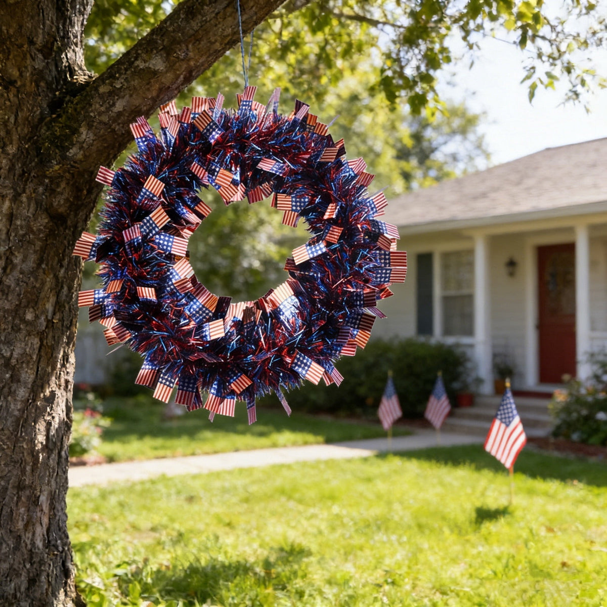 AZXY 20 Inch 4th of July Patriotic Wreath, Red White Blue Mesh Wreath with American Flag Star & Stripe Ribbons, Patriotic Americana Decor for Independence Day Memorial Day Front Door Indoor Outdoor