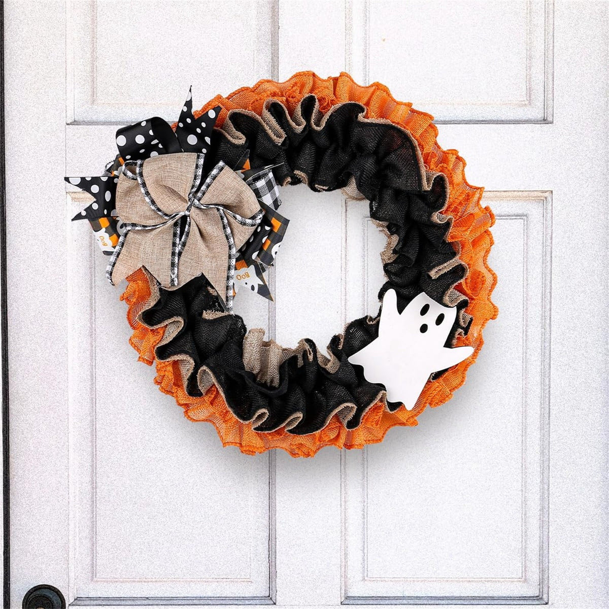 Halloween Ghost Burlap Wreath, Buffalo Plaid Ribbon Front Door Wreath, Spooky Ghost Hanging Garland for Home Porch Wall Fall Halloween Decor 38cm