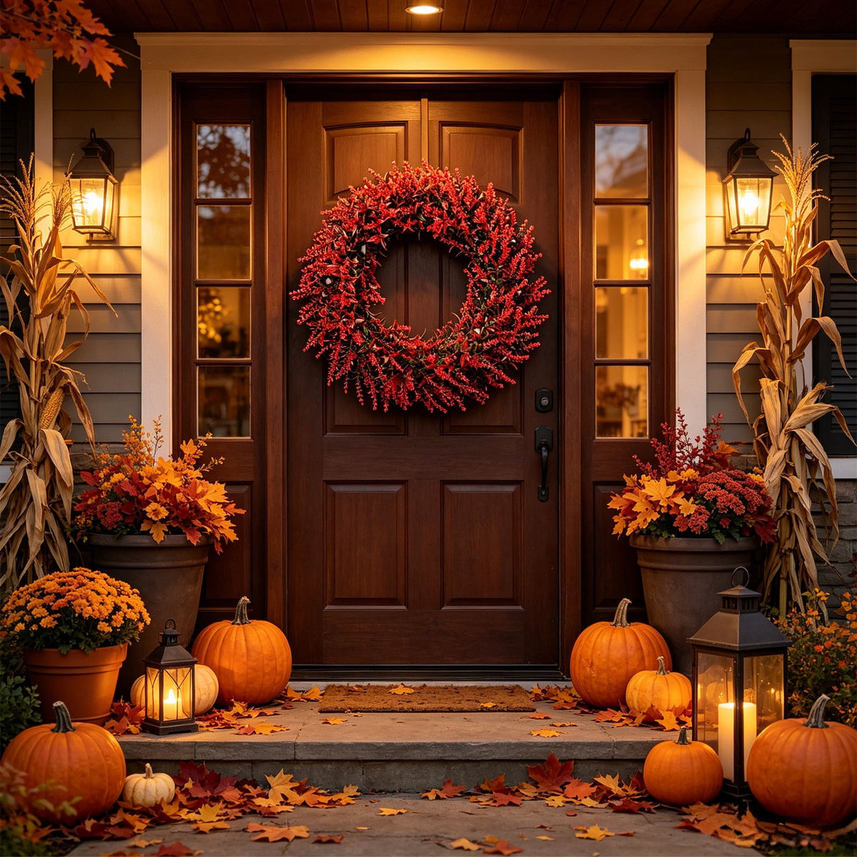 18 Inch Fall Wreath for Front Door, Artificial Red Wheat Wreath with Berries and Leaves, Thanksgiving Halloween Decor for Porch Wall Mantel