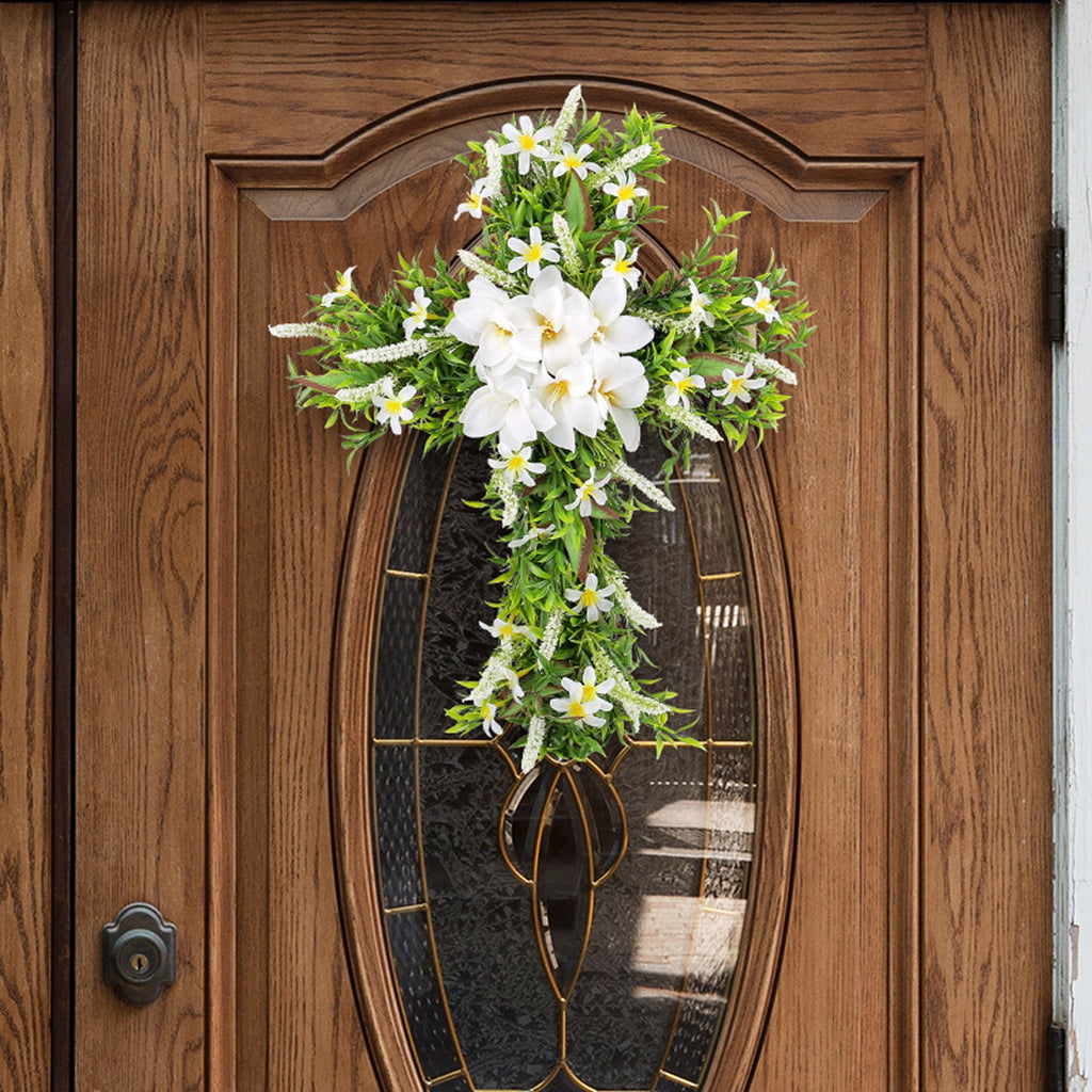 XEOVHV Easter Front Door Wreath Cross, 19.7 inch Easter Cross Wreath, Rustic Farmhouse Easter Decorations Sign Hanging Cross Wedding Floral Pastel Patio Summer Outside Decor