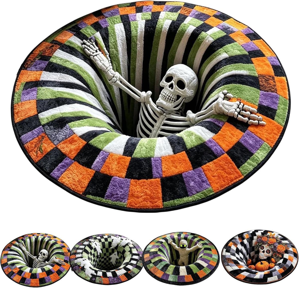 3D Halloween Rug, skeleton vortex quilted round Mat (#B,140 cm / 55.1 in) | 3D Candy Corn Abyss Quilted Round Mat with Spooky Depth Design Crystal Velvet Soft & Durable Fabric Non-slip