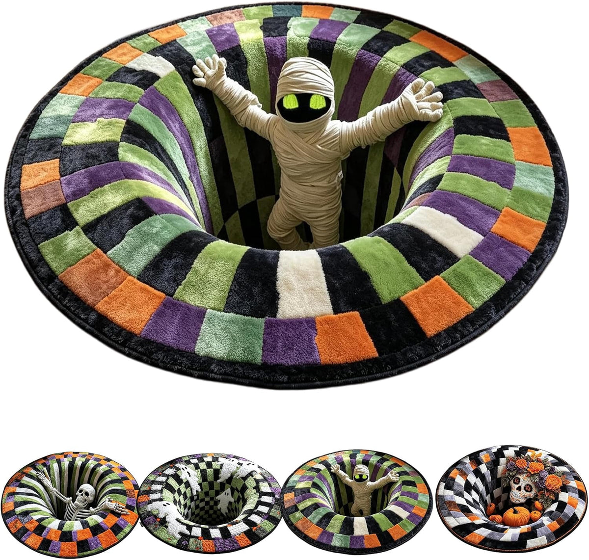 3D Halloween Rug, skeleton vortex quilted round Mat (#B,140 cm / 55.1 in) | 3D Candy Corn Abyss Quilted Round Mat with Spooky Depth Design Crystal Velvet Soft & Durable Fabric Non-slip