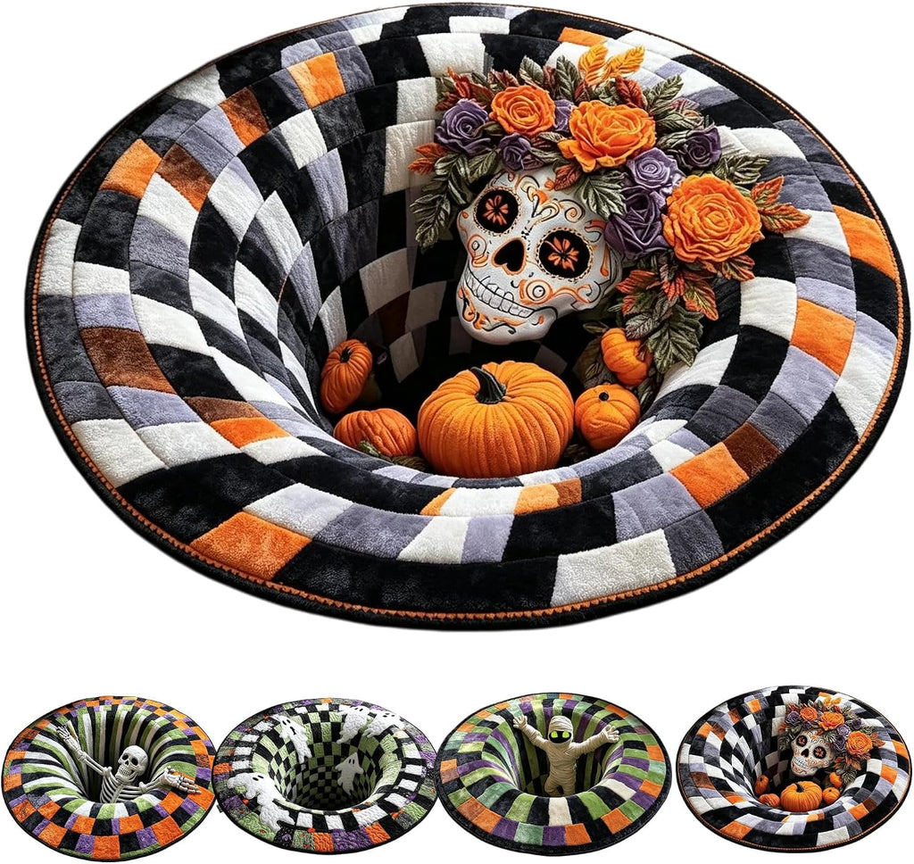 3D Halloween Rug, skeleton vortex quilted round Mat (#B,140 cm / 55.1 in) | 3D Candy Corn Abyss Quilted Round Mat with Spooky Depth Design Crystal Velvet Soft & Durable Fabric Non-slip