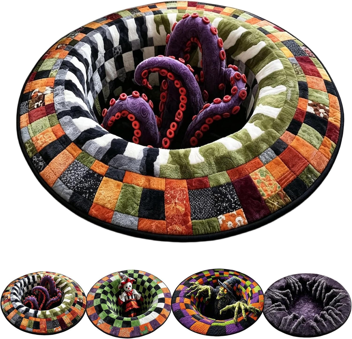 3D Halloween Rug, skeleton vortex quilted round Mat (#B,140 cm / 55.1 in) | 3D Candy Corn Abyss Quilted Round Mat with Spooky Depth Design Crystal Velvet Soft & Durable Fabric Non-slip