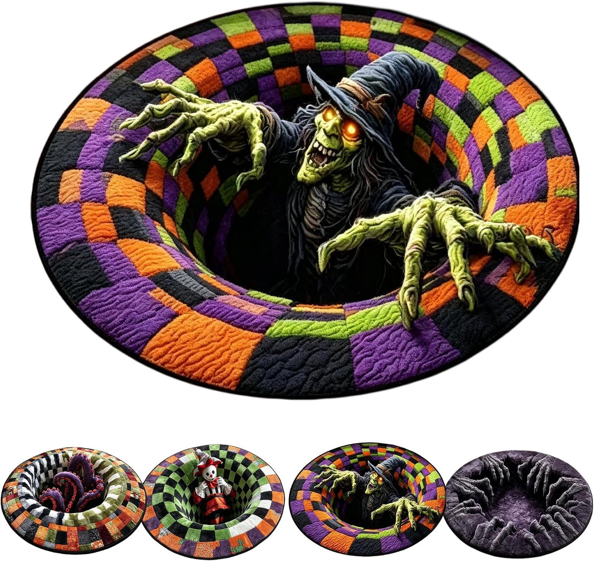 3D Halloween Rug, skeleton vortex quilted round Mat (#B,140 cm / 55.1 in) | 3D Candy Corn Abyss Quilted Round Mat with Spooky Depth Design Crystal Velvet Soft & Durable Fabric Non-slip