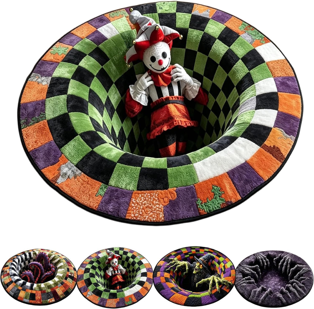3D Halloween Rug, skeleton vortex quilted round Mat (#B,140 cm / 55.1 in) | 3D Candy Corn Abyss Quilted Round Mat with Spooky Depth Design Crystal Velvet Soft & Durable Fabric Non-slip