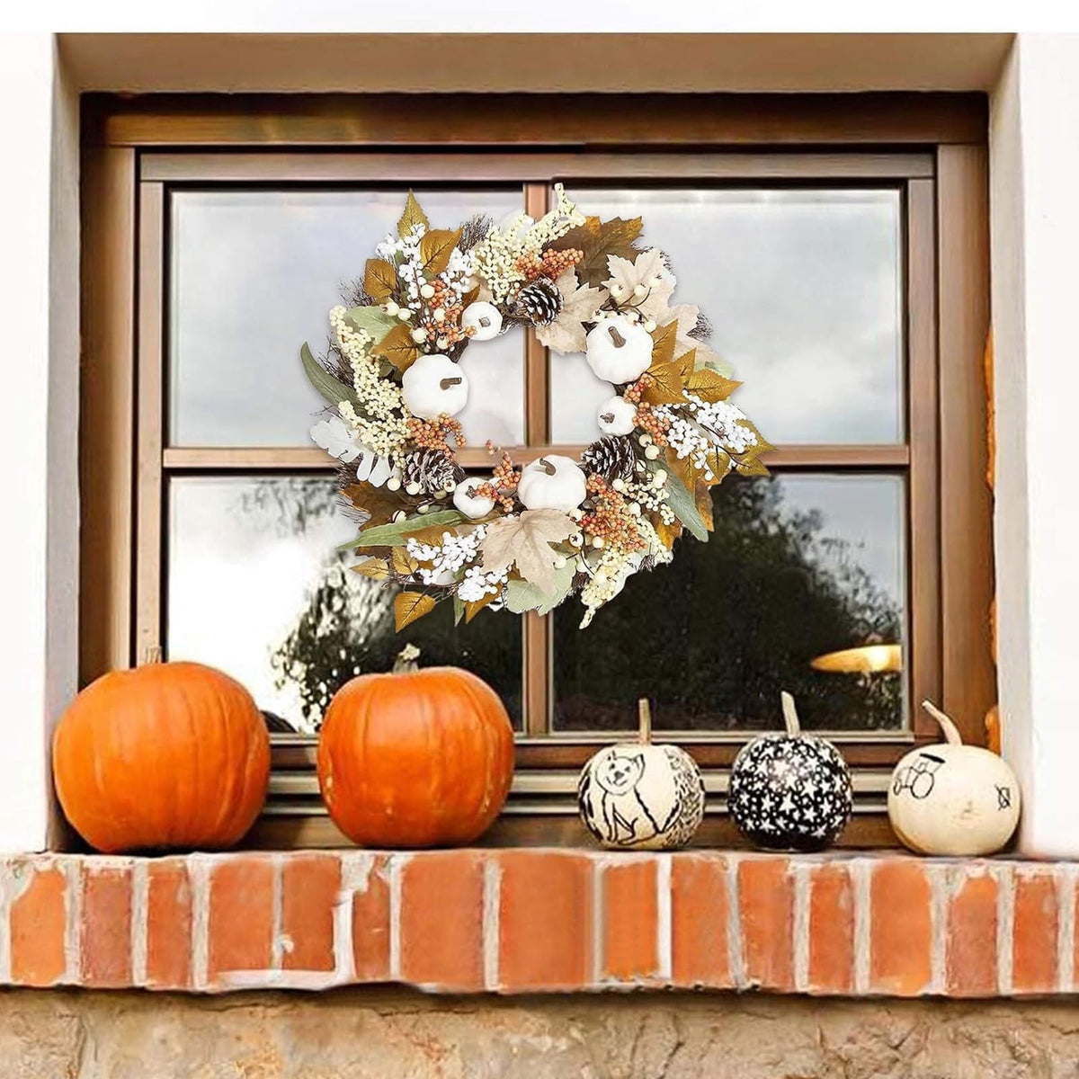 Autumn Wreath 14 Inch Fall Decor for Home Front Door with Artificial Maple Leaf Pumpkin Berry Pinecone Harvest Thanksgiving Halloween Farmhouse Seasonal Decorations Indoor Outdoor,