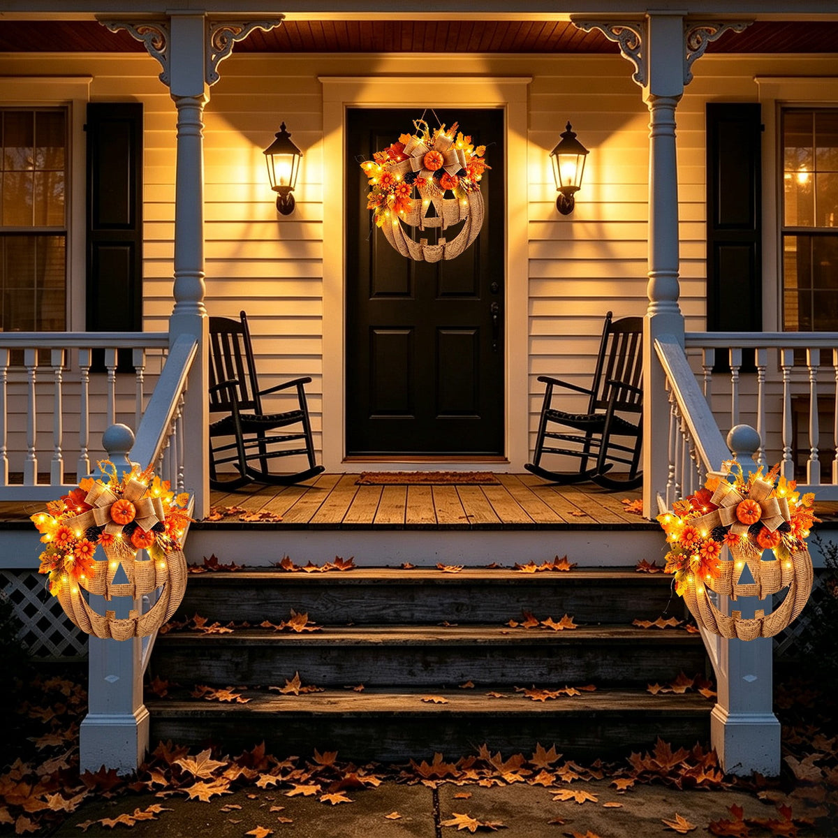 13.78 Inch Lighted Pumpkin Wreath with LED Lights, Fall Front Door Decor, Halloween Thanksgiving Autumn Wreath for Porch Farmhouse Home Decoration
