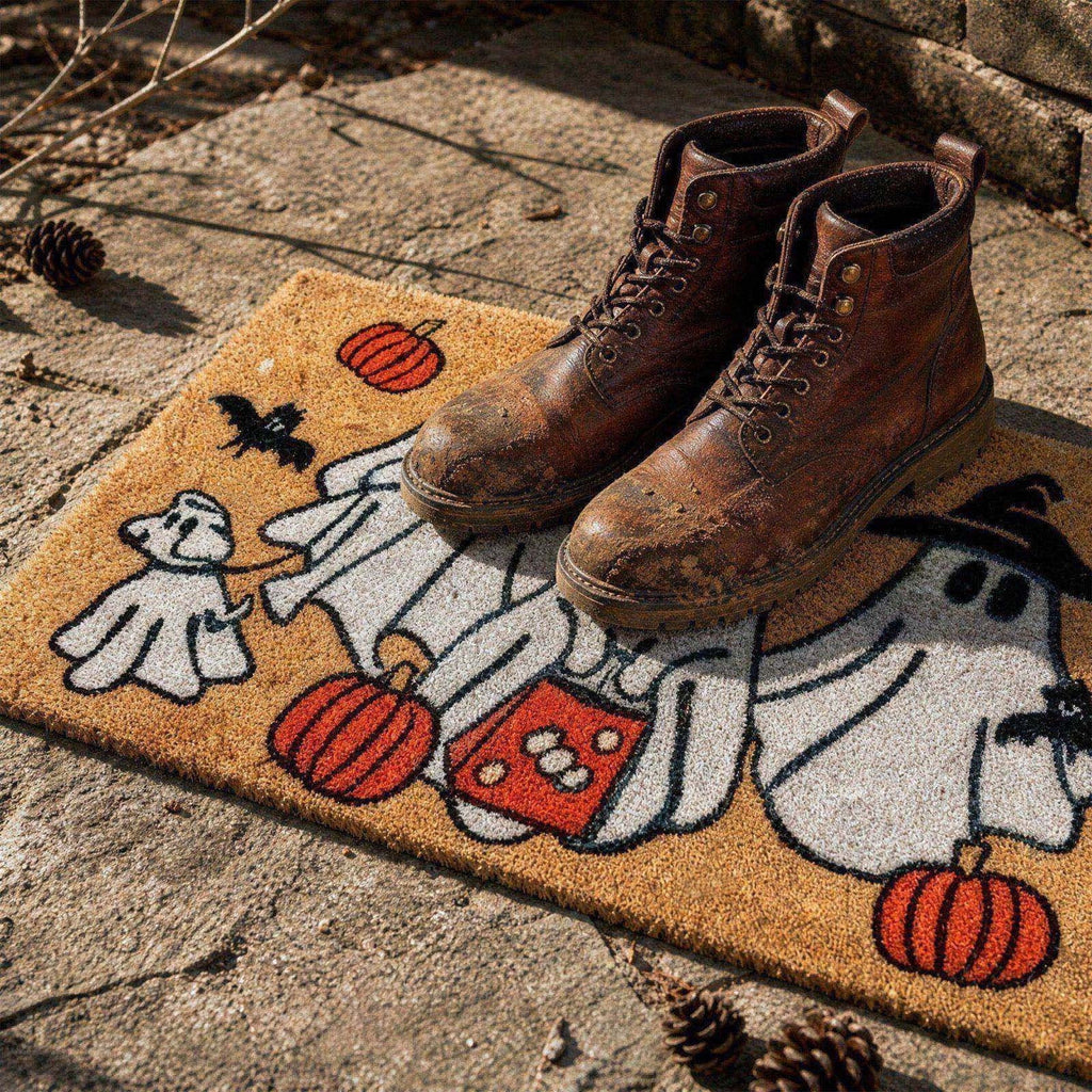 Fllostpr Halloween Pumpkin & Crow Welcome Doormat for Front Door, Non-Slip Vintage Brown Coir Floor Mat for Outdoor Porch Entryway Decor,16x24 Inch