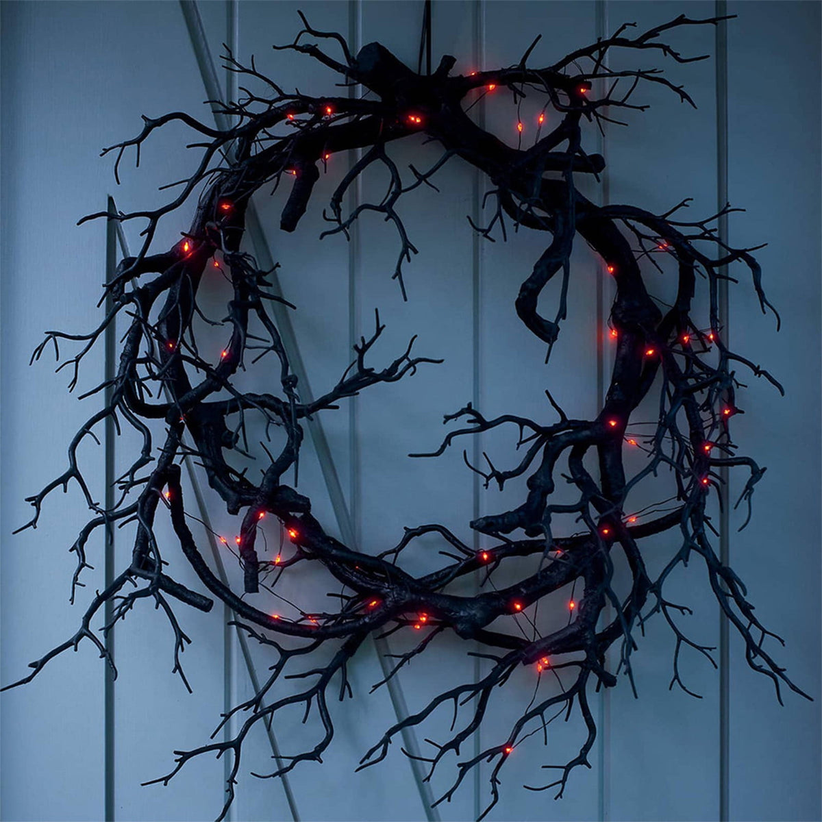 IPEWLEX Halloween Wreath with LED Lights - Black Glitter Decoration for Front Door, Indoor/Outdoor, Battery Operated, 43cm
