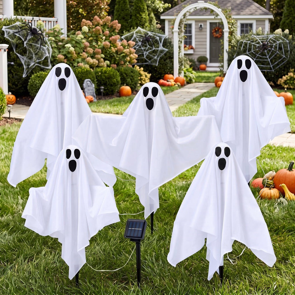 Joyfy 3 Packs Halloween Ghost Decorations Outdoor, Light Up Flying Ghost Pathway Lights， Battery Operated Watereproof Ghost Deocr with 3 Stakes, Halloween Yard Front Porch Haunted House Decorations