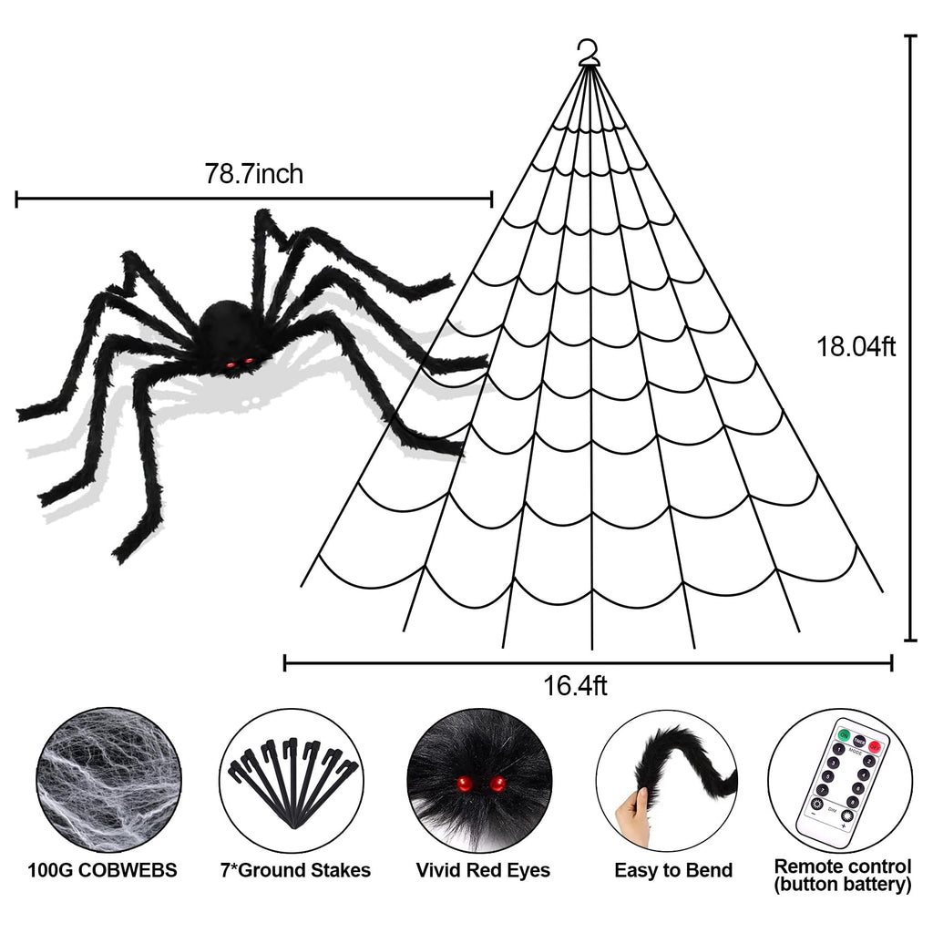 Scidweet Halloween Decorations Outdoor, 350 LED Halloween Spider Web Lights with 79" Large Spider for Garden Yard Home Decor, Multicolor