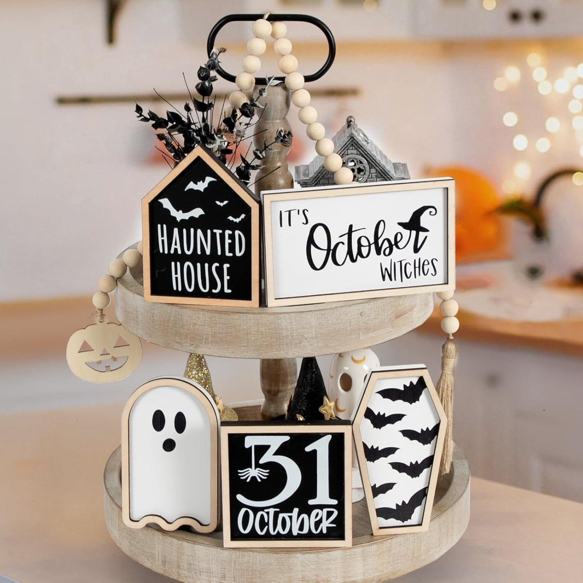 6-Piece Halloween Decor, Cute Wooden Halloween Decoration Indoor Tabletop Signs Farmhouse Rustic Tiered Tray Decor Halloween Party Decorations