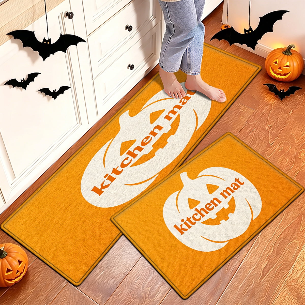 YIMEIS Halloween Orange Ghost Pumpkin Black Cat 1Pc Flannel Mat & Kitchen Rugs,Soft Non-slip,16''×24'' Inches,for Entryway Bathroom