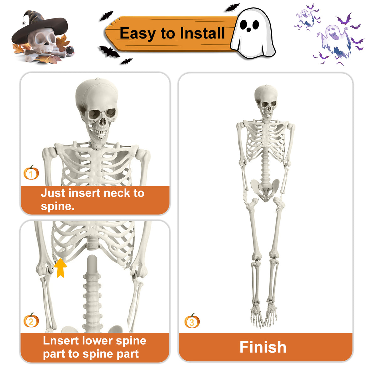 Cixusio 5.4Ft/165cm Halloween Skeleton Full Body Life Size Human Bones with Movable Joints for Indoor Outdoor Haunted House Party Halloween Props Decorations