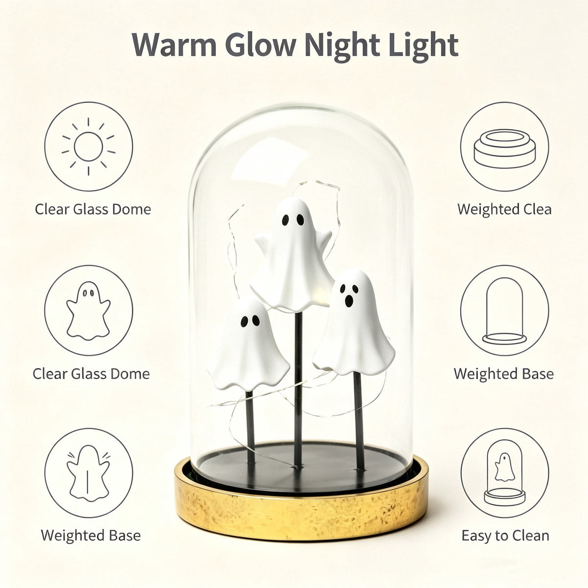 Orangide Halloween Ghost Cloche Night Light Fabric Ghost Lamp with Glass Dome for Mantel Shelf Spooky Party and Home Decor Ornament