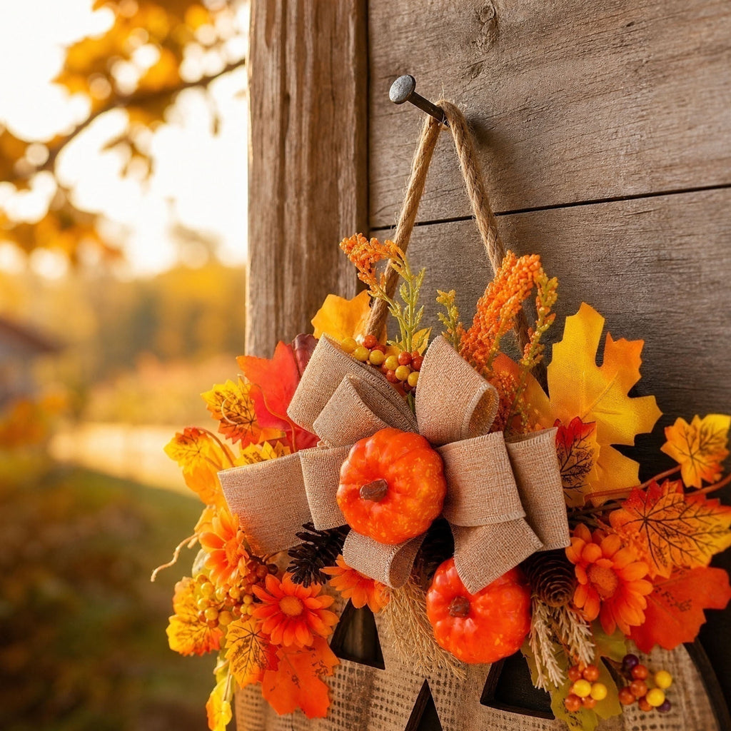Autumn Pumpkin Door Hanger, Simulated Flower Wooden Pumpkin Wreath Seasonal Farmhouse Wall Decoration Reusable Festive Accent, Fall Thanksgiving Halloween Decor for Front Door Porch Window Mantel